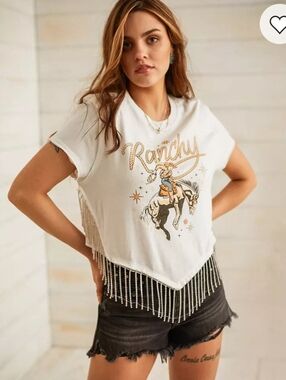 Sterling & Stitch Ranchy Rhinestone Fringe Tee - White Size XL